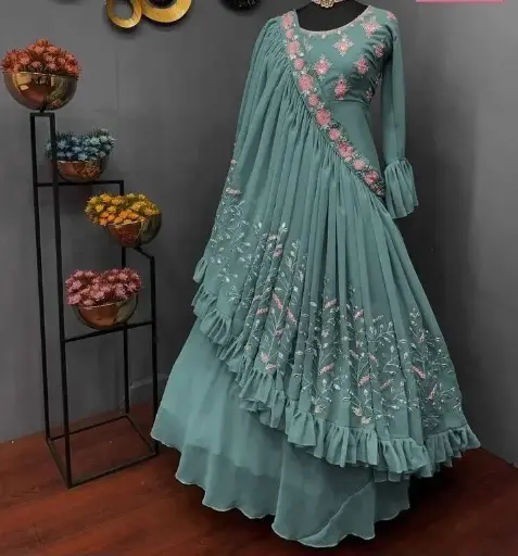 Fancy Maxi With Fancy Embroidery Touching Mirror Duppatta Stylish With Trouser